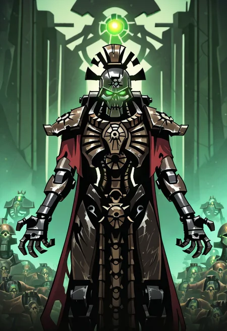 masterpiece, best quality, <break> , solo, 1other, (((necron))), (((glowing))), (((robot))), ((armor)), (((green eyes))), ((warhammer 40000))), 
 looking at viewer, standing, 
(((vanripper))), 
<lora:VanripperIllustriousXL_byKonan:1>