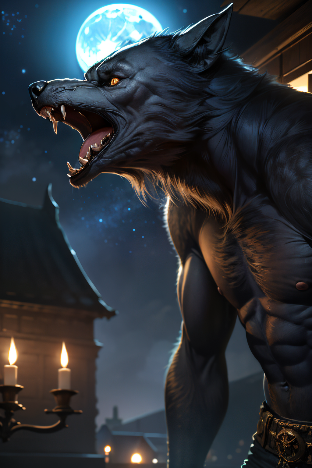 EdobWerewolf  (Realistic:1.5) tongue out, ring, alien, full moon, alien, glowing, white eyes, candle, teeth, rock, star (sky), giant, earrings, grey sky, indoors, building, kaijuu, dated, night sky, standing, armor, 1boy, <lora:EdobWerewolf_v1.0:0.8>