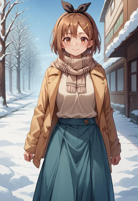 score_9, score_8_up, source_anime, 1girl, solo, ReisalinStout, short hair, hairclip, black bow hairband, turtleneck sweater, long skirt, outdoors, scarf, winter, smile, blush, snow, <lora:ChamReisalinStoutPonyXL:0.8>