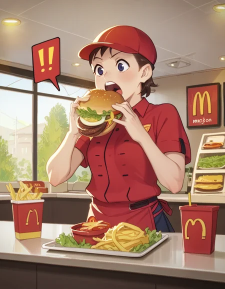 score_9, score_8_up, score_7_up, source_anime, <lora:hibino-hoshino-ponyxl:0.8> 1girl, sumire, open mouth, hat, red shirt, polo shirt, waist apron, mcdonald's,
<lora:Burger_Malfunction-PonyXL-1024px:0.8> spoken_exclamation_mark, eating, holding food, burger, burger_malfunction, tomato, cucumber, messym bacon, ketcup, mustard, salad, counter, indoors
