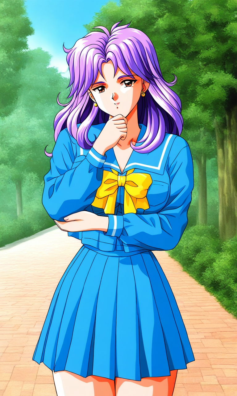 general,highres, ultra-detailed,very aesthetic,best quality ,best hands, BREAK <lora:Kagami_Mira_Tokimeki_Memorial_IS:1>
Kagami_Mira(Tokimeki_Memorial), 1girl, solo, purple hair, long hair, Parted bangs, earrings, large breasts, brown eyes,
blue school uniform, serafuku, jewelry, yellow bow, Yellow bow, blue skirt, blue jacket,
blue sailor collar,  pleated skirt,  long sleeves,hand on own chin,
outdoor, tree, sky,