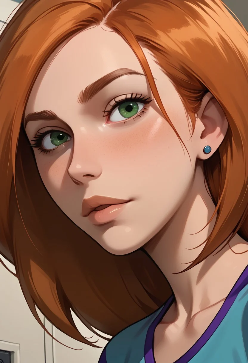score_9, score_8, score_7, score_8_up, 1girl, bonnie and kim possible, (1petite, Kim Possible), Expressiveh, redhead, small neck, blushing, solo, freckles, (long hair, green eyes), smooth hair, medium hair, collarbone, side view, jewelry, piercings, close up view, (looking at viewer), close up view, in a school, light blue lockers, cheerleader top,