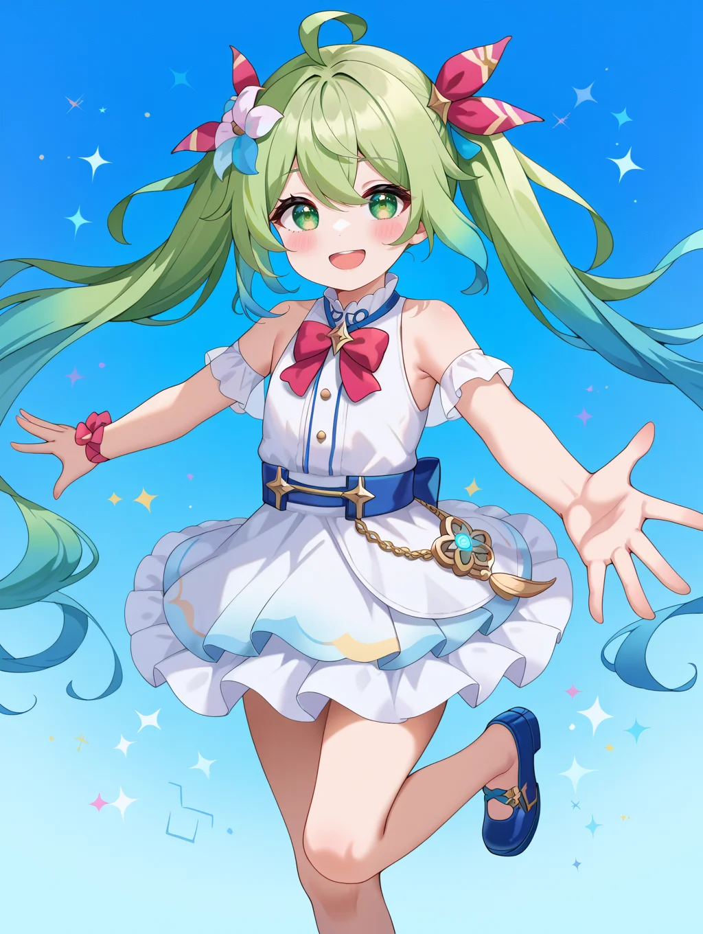1girl,
solo, twintail, blue background, blue footwear, hair ornament, green eyes, sleeveless, ahoge, smile, standing on one leg, outstretched arms, green hair, hair flower, blue hair, multicolored hair, blush stickers, flower, looking at viewer, open mouth, two-tone background, white dress, spread arms, gradient hair, hair between eyes, :d, shoes, standing, dress, pink flower, bare shoulders, very long hair, long hair, sleeveless dress, white flower, blue flower,
A young girl with long green hair and a big smile on her face. she is wearing a blue and yellow outfit with a white skirt and a red bow on her head. the outfit has a high neckline and short sleeves. the girl is standing on one leg with her arms stretched out to the sides and her legs slightly bent at the knees.
score_9, score_8_up, score_7_up, source_anime
<lora:style016:0.8>