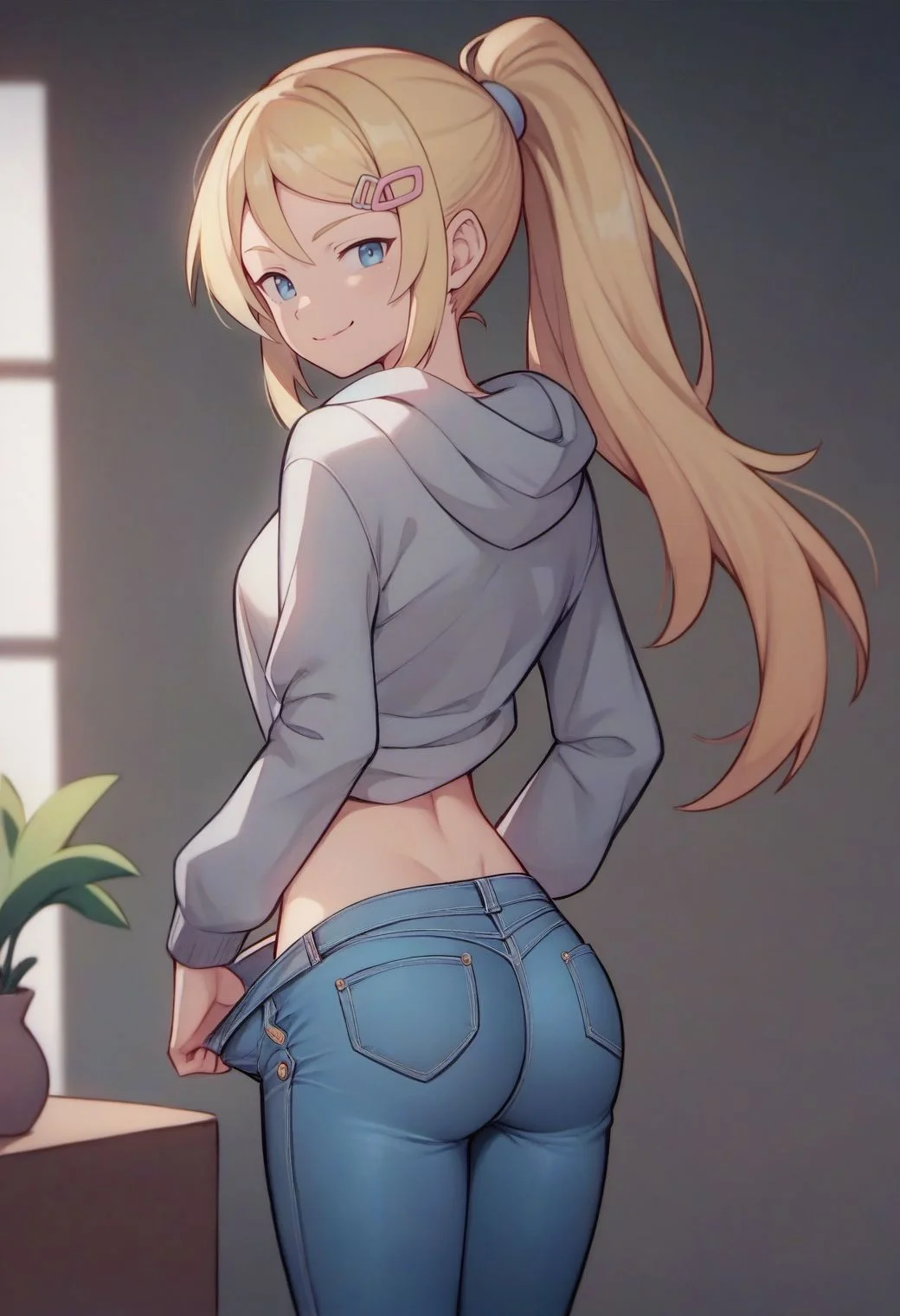 score_9, score_8_up, score_7_up, score_6_up, traditional media, tsukar3ta style,
1girl, solo, long hair, looking at viewer, smile, hair ornament, long sleeves, closed mouth, blue eyes, standing, ponytail, ass, hairclip, looking back, indoors, hood, clothes lift, from behind, blonde hair, hoodie, hood down, smug, grey hoodie, jeans, undressing, shirt pull, 
<lora:tsukareta_san_style:0.8>,
<lora:fix_hands:1.5>,