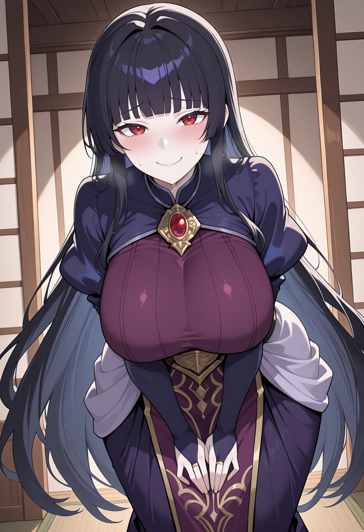 indoors,celestegbf, black hair, very long hair, pale skin, large breasts,blunt bangs, red eyes, dark purple dress, blue sleeves, brooch, jewelry, puffy long sleeves, bridal gauntlets, long dress, tabard,smile, wavy mouth, sweat, leaning forward, embarrassed, blush, looking at viewer, <lora:_celeste_granblue-elesico-ilxl-000012:1> highres, best quality, masterpiece,
1girl, solo,