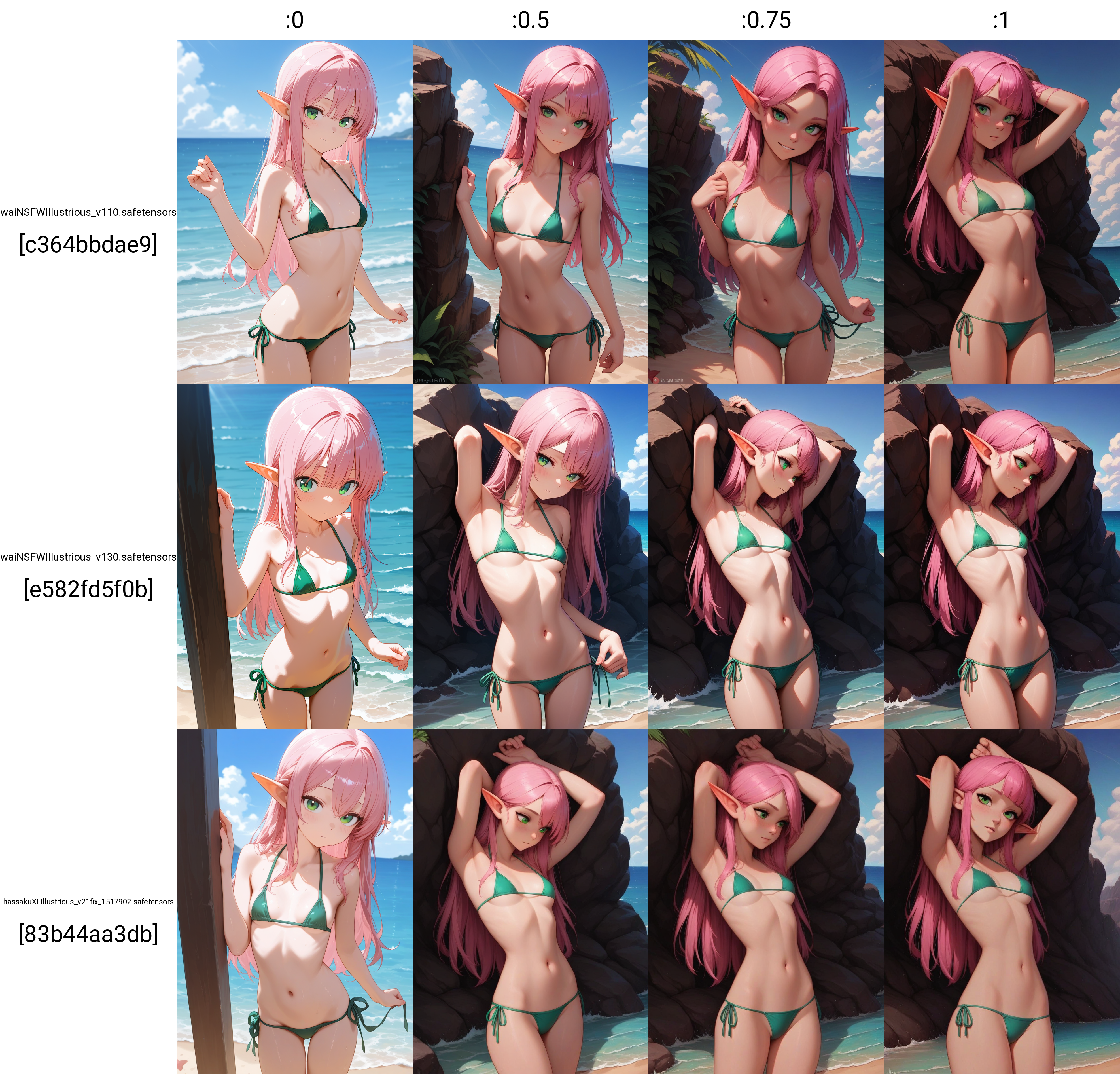 masterpiece, best quality, amazing quality, <lora:my-style-test3:0>,âââ p0nyd1sney1ncasev1x0n2, 1girl, 25 years old, perfect face,
green eyes,
slim, small breasts, kawaii,
long hair, pink hair,
elf, pointy ears,
micro bikini, green bikini, lowleg bikini, side-tie bikini bottom, 
outdoors, beach, ocean, day, cowboy shot,