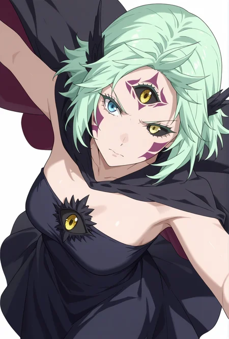 Smooth Quality,masterpiece,very intricate, high quality details, ultra realistic, high detailed skin,detailed enviorement,absurdres,
simple background, white background,solo,angry, 
from above,dancing, 
annoyed,
 <lora:Mjurran_cnn:0.7> mjurrancnn, demjurrancnn,1girl, short hair, + long hair, green hair, yellow eyes, blue eyes, facial mark, colored sclera, black sclera, heterochromia, third eye, extra eyes,
dress,black cape,wings,