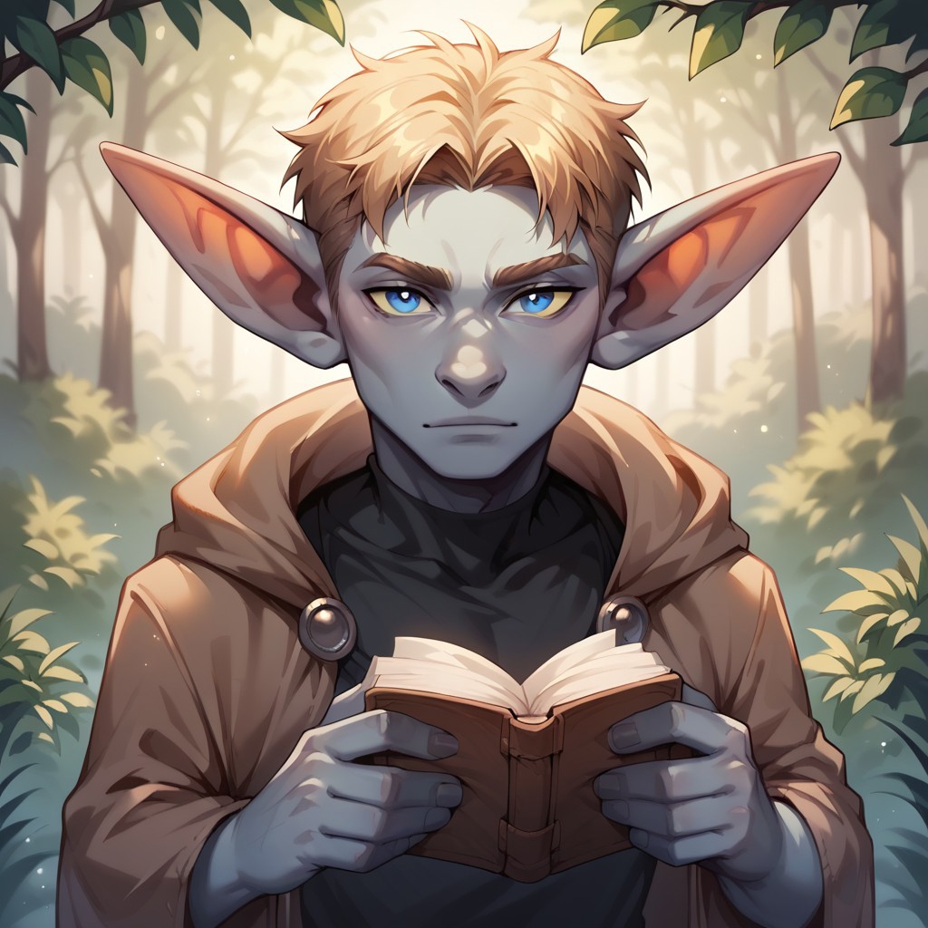 (((detailed, beautiful, high quality))), score_9, score_8_up, score_7_up, solo, upper body,
goblin, short stature, shortstack, long pointed ears, big eyes,
1boy, male focus, blond hair, blue eyes, gray skin, black top, brown cape,
(looking at viewer:1.2), posing,
forest, Holding a closet book,
