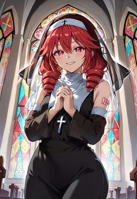 1girl, solo, solo focus, highres, absurdres, SisterTeto, nun, drill hair, red hair, habit, twin drills, red eyes, detached sleeves, shoulder tattoo, cross, black dress, long hair, jewelry, veil, bare shoulders, necklace, hair between eyes, black sleeves, bangs, long dress,
own hands together, own hands clasped, interlocked fingers, praying, evil smile,
church, stained glass, dark, very dark, backlighting,