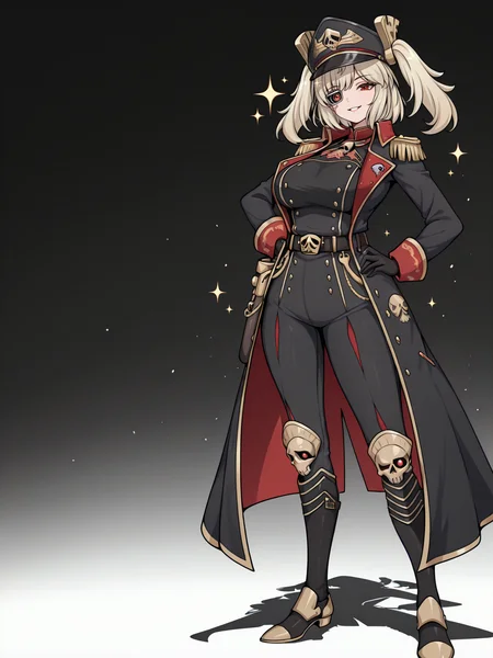 Masterpiece,best quality,1girl,long hair,solo,vector art,looking at viewer,parted lips,smile,full body,standing,
edgCommissar, long hair, looking at viewer, gloves, long sleeves, jacket, belt, uniform, coat, black jacket, hand on hip, sparkle, black headwear, scar, epaulettes, black coat ,wearing edgCommissar,artificial eye,skull emblem,millitary uniform,
<lora:edgIllustriousXLCommissar:1>
<lora:Hoseki_ZenlessZoneZero_BurniceWhite_IllustriousXL_v1:1> brncwht, red eyes, blonde hair, medium hair, twintails, hair ornament, large breasts