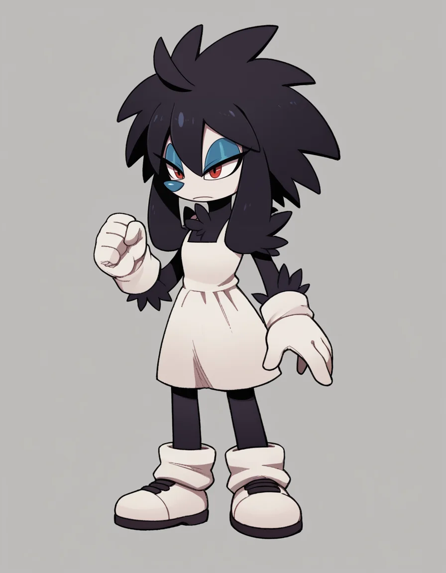 zPDXL, score_9, score_8_up, score_7_up, score_6_up, score_5_up, source_anime, 4k, absurdres, 1girl, solo, simple background,
<lora:Furfrou_4_PonyXL:1> furfrou, generation 6 pokemon, pokemon \(species\), (shiny pokemon), black fur, black hair, white face, white hands, <lora:TMoStH_v1:0.8> (tmosth), (flat color, black shading, sloppy coloring), (hatching \(texture\)),
white dress, white gloves, messy hair, black socks, loose socks, white footwear, furry female, blue nose,
