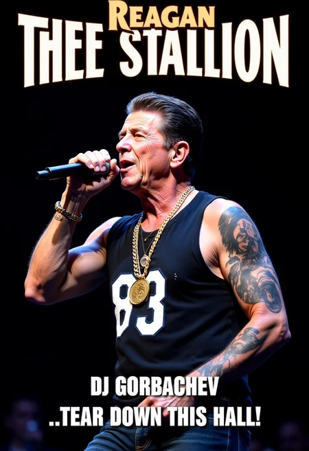 Title with text: "Reagan THEE Stallion”, Ronald Reagan dressed like a rapper, with text: "DJ Gorbachev … Tear Down This Hall!" below, rapping on stage, rap concert. Gold chains, tattoos, tanktop, aidmaTextImprover