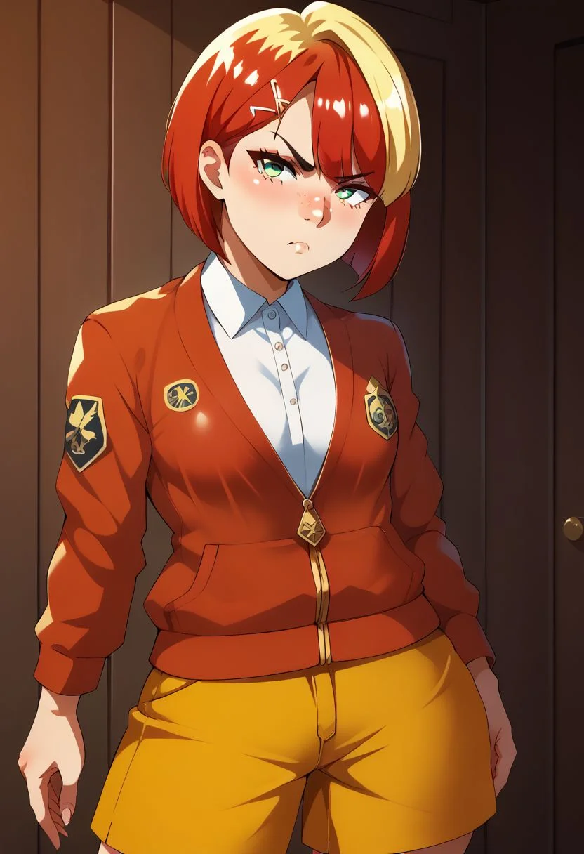 score_9, score_8_up, score_7_up, source anime, anime, animification,(hara_(harayutaka):0.6), shiny skin, skindentation, deep skin, high quality, highres, 1girl, solo, curvy, petite, small breasts, red hair, yellow hair, two-tone hair, short hair, bobcut, green eyes, Face freckles, pout, tsundere, red jacket, open jacket, white shirt, yellow shorts,