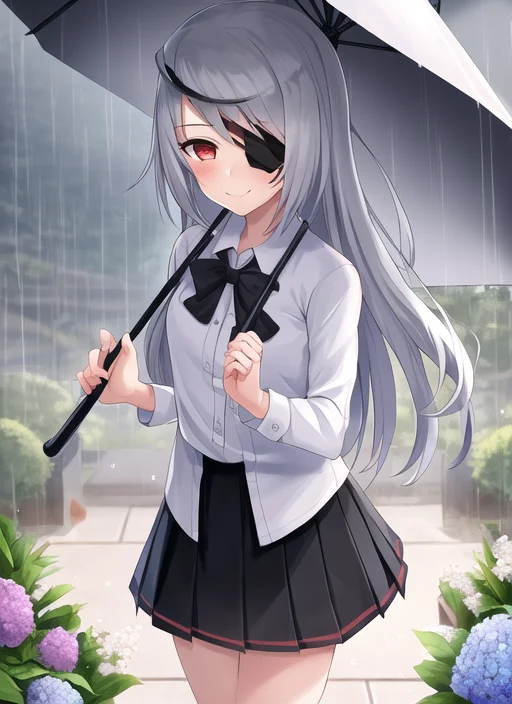 1girl, laura, grey hair, (eyepatch:1.2), black skirt, blush, collared shirt, dress shirt, flower, holding, holding hands, holding umbrella, hydrangea, long sleeves, looking at viewer, out of frame, pleated skirt, pov, pov hands, rain, shirt, skirt, smile, solo focus, umbrella, very long hair, white shirt, intricate, highly detailed, digital painting, artstation, concept art