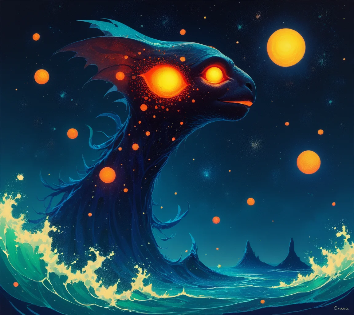 score_9, score_8_up, score_7_up, score_6_up, cosmic ocean with bioluminescent waves, glowing sea creatures, and a vibrant, starry sky, highly detailed, vivid <lora:ponys-dream:.9>