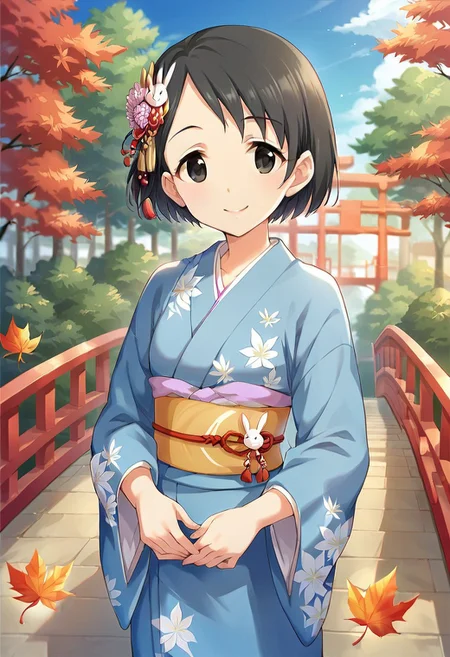 score_9, score_8_up, score_7_up, source_anime,sasaki chie, short hair, black hair, black eyes, 1girl, japanese clothes, solo, kimono, hair ornament, rabbit hair ornament, leaf, smile, blue kimono, bridge