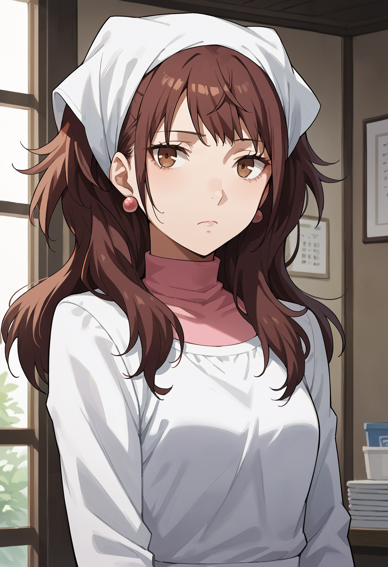 score_9, score_8_up, score_7_up, score_6_up, score_5_up, score_4_up, source_anime
1 girl, solo, 
p4rise, kujikawa rise, long hair, brown hair, earrings, twintails,
p4rise-tofu, head scarf, kappougi, white kappougi, turtleneck, pink turtleneck,
inside, tofu shop, dark, looking at viewer, expressionless, tired, cowboy shot,
masterwork, masterpiece, best quality, hyper-detailed