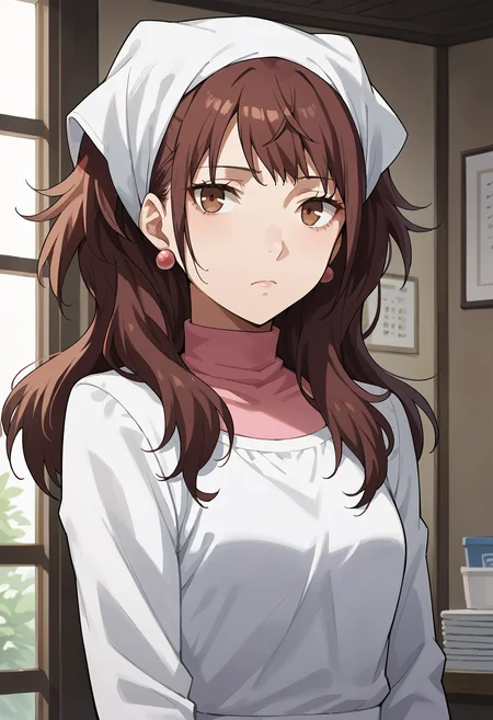 score_9, score_8_up, score_7_up, score_6_up, score_5_up, score_4_up, source_anime
1 girl, solo,
p4rise, kujikawa rise, long hair, brown hair, earrings, twintails,
p4rise-tofu, head scarf, kappougi, white kappougi, turtleneck, pink turtleneck,
inside, tofu shop, dark, looking at viewer, expressionless, tired, cowboy shot,
masterwork, masterpiece, best quality, hyper-detailed