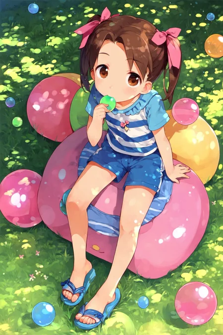score_8_up,Miu Matsuoka,1girl,solo,bubble blowing,twintails,sandals,brown hair,bubble,shorts,sitting,striped,blue shorts,ribbon,wariza,grass,brown eyes,hair ribbon,<lora:Ichigo Mashimaro_XL_PONY:0.8>,