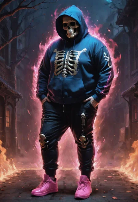 8k, (skeleton:1.4), blue hoodie, black pants, pink slippers, overweight <lora:skeleton_Knight:1>