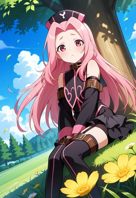 forest, flowers, grass, clouds, day,
BREAK,
sitting, neutral expression,
cowboy shot, dynamic angle,
BREAK,
<lora:arietta_illustriousXL_v04:0.9>
ariettadef, black headwear, pink hair, pink eyes, very long hair, parted hair,
zettai ryouiki, detached sleeves, frills, black dress,
garter straps, thighhighs, thigh boots,, source_anime, very aesthetic, anime coloring, masterpiece,
best quality, amazing quality, ultra detailed, very aesthetic,
detailed background,
BREAK,