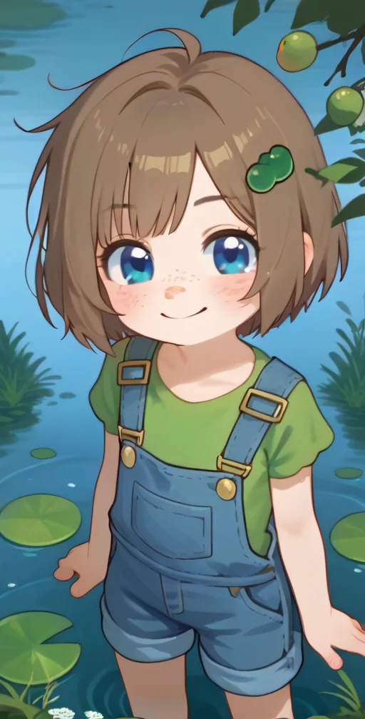 score_9, score_8_up, score_7_up, score_6_up, score_5_up, score_4_up<lora:Lily_Hopkin_pony:0.8> , 1girl, freckles, brown hair, bandaid, blue eyes, overalls, shirt, solo, short hair, hair ornament, green shirt, looking at viewer, cute, sticker blush, chibi, big head, smile, pond, <lora:naip33:1>