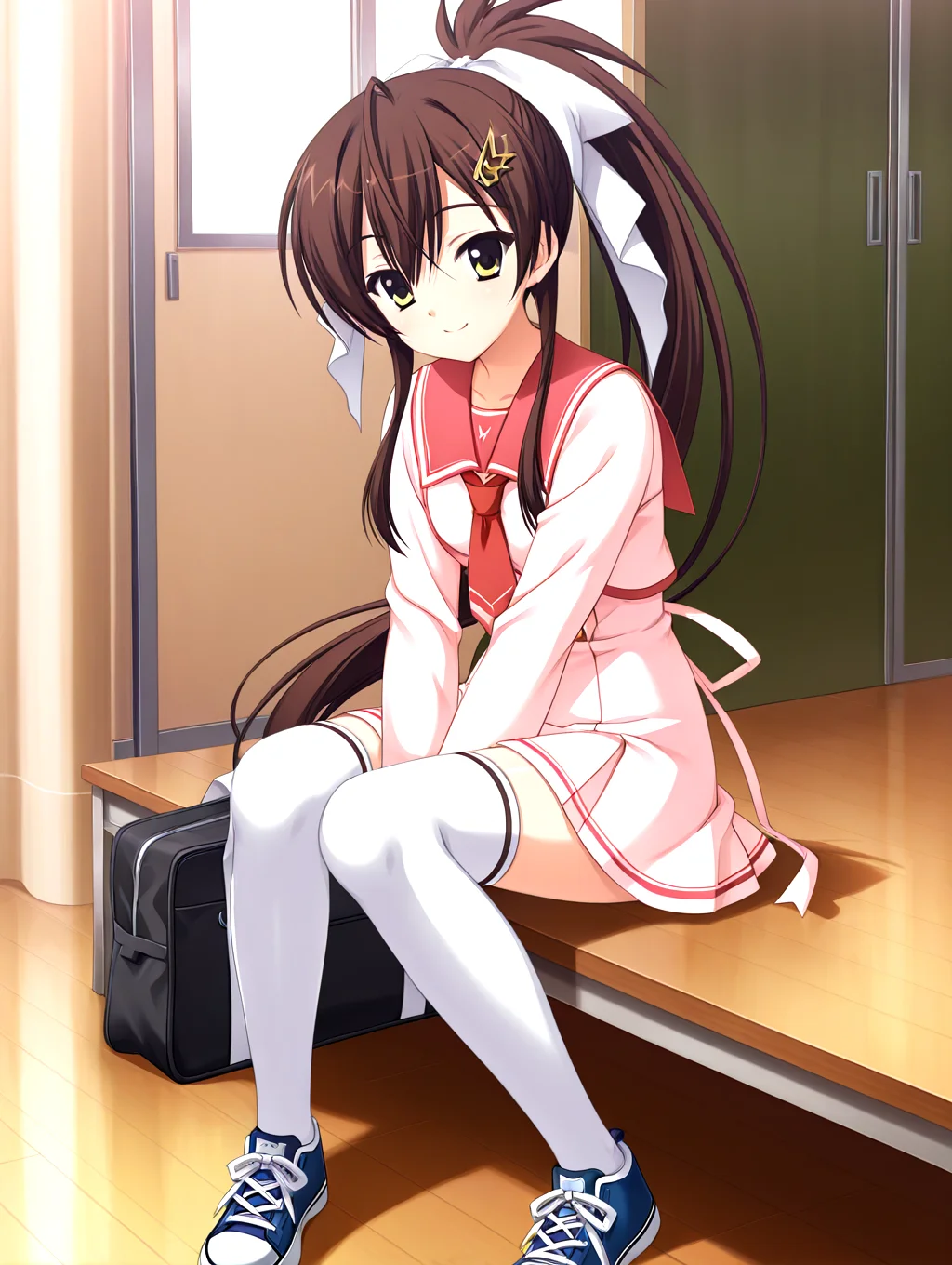 masterpiece,best quality,newest,absurdres,highres,detailed eyes,beautiful,detailed background,solo,perfect eyes,anime coloring,full_shot,anime screencap,
<lora:add-detail-xl:1>,<lora:ponyv4_noob1_2_adamW-000017:0.8>,wear clothes,
1girl,
looking at viewer,standing,sitting,smile,school,
<lora:il-aoi-tenshin-sera:1>,il-aoi-tenshin,aoiserafuku,1girl,solo,brown hair,pink dress serafuku,yellow eyes,pink dress skirt,long hair,pink long thin on dress,ponytail,red sailor collar,square bottom necktie,white thighhighs,blue sneakers,