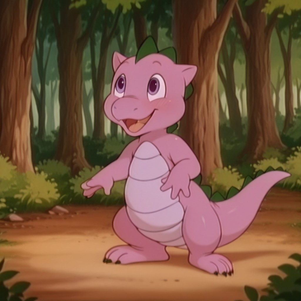 masterpiece, best quality, amazing quality, SpikemlpG1il, semi-anthro, male, dragon, purple skin, purple eyes, tail, standing, in forest,, happy, <lora:d02e209e-f1f3-47f8-9f45-f8582a07064e:1.0>