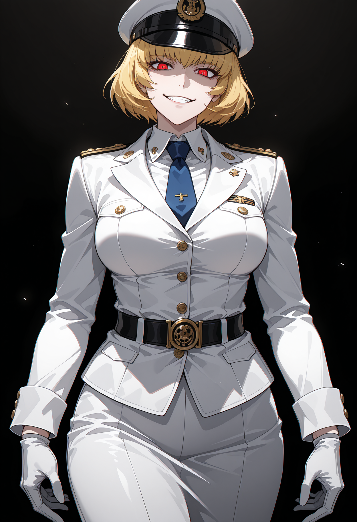 masterpiece, best quality, highly detailed, ultra-realistic, score_9, score_8_up, score_7_up, score_6_up,
1woman, solo, sporty female, mature girl, big woman, warrior women, Clementine, long face, (hellsing style), nice skin, short hair, blonde hair, red eyes, bangs, looking at viewer,
aesthetic naval uniform suit, ((white outfit, blue tie, multicolor)), 18 century officer outfit, admiral, classy, elegant, stylish, joker attitude, high millitary hat, tunic,
stands proudly, tall woman, nice hips, psycho smile, teeth, detailed eyes, detailed face, empty hands,
fit, toned, stands proudly, outdoors, (black background:1.2), <lora:Clementine_Overlord:0.7>