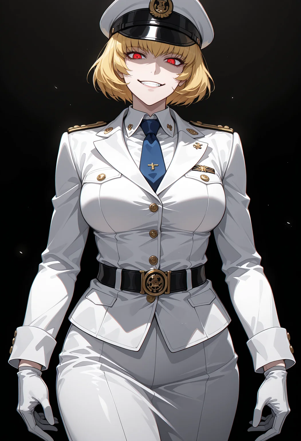 masterpiece, best quality, highly detailed, ultra-realistic, score_9, score_8_up, score_7_up, score_6_up,
1woman, solo, sporty female, mature girl, big woman, warrior women, Clementine, long face, (hellsing style), nice skin, short hair, blonde hair, red eyes, bangs, looking at viewer,
aesthetic naval uniform suit, ((white outfit, blue tie, multicolor)), 18 century officer outfit, admiral, classy, elegant, stylish, joker attitude, high millitary hat, tunic,
stands proudly, tall woman, nice hips, psycho smile, teeth, detailed eyes, detailed face, empty hands,
fit, toned, stands proudly, outdoors, (black background:1.2), <lora:Clementine_Overlord:0.7>