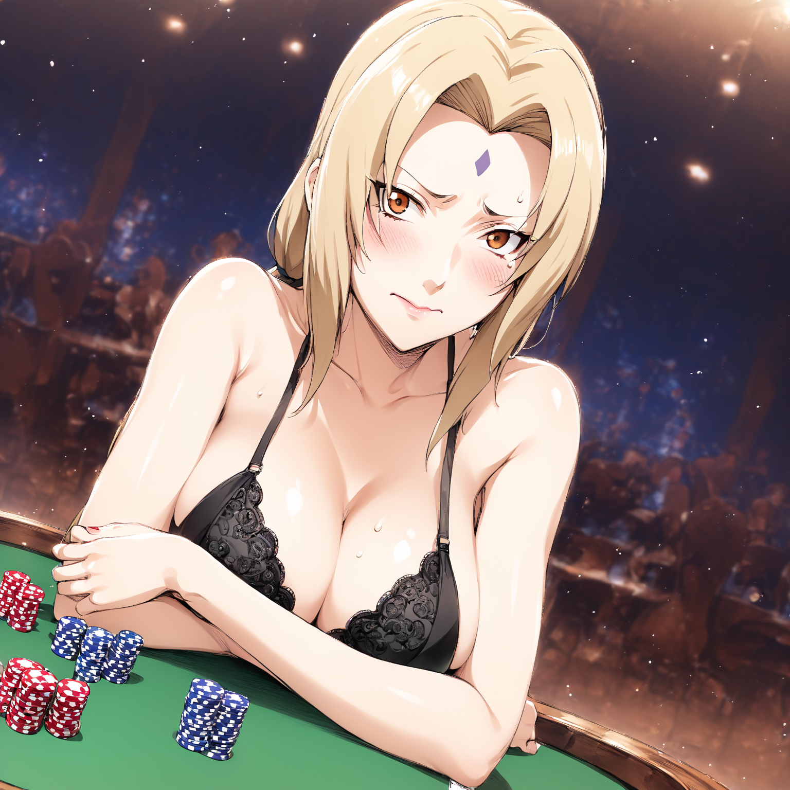 <lora:SlimesTsunade:1>, slimes_tsunade, solo, woman, forehead mark, bra only, nervous face, sitting across from viewer at poker table, holding poker cards