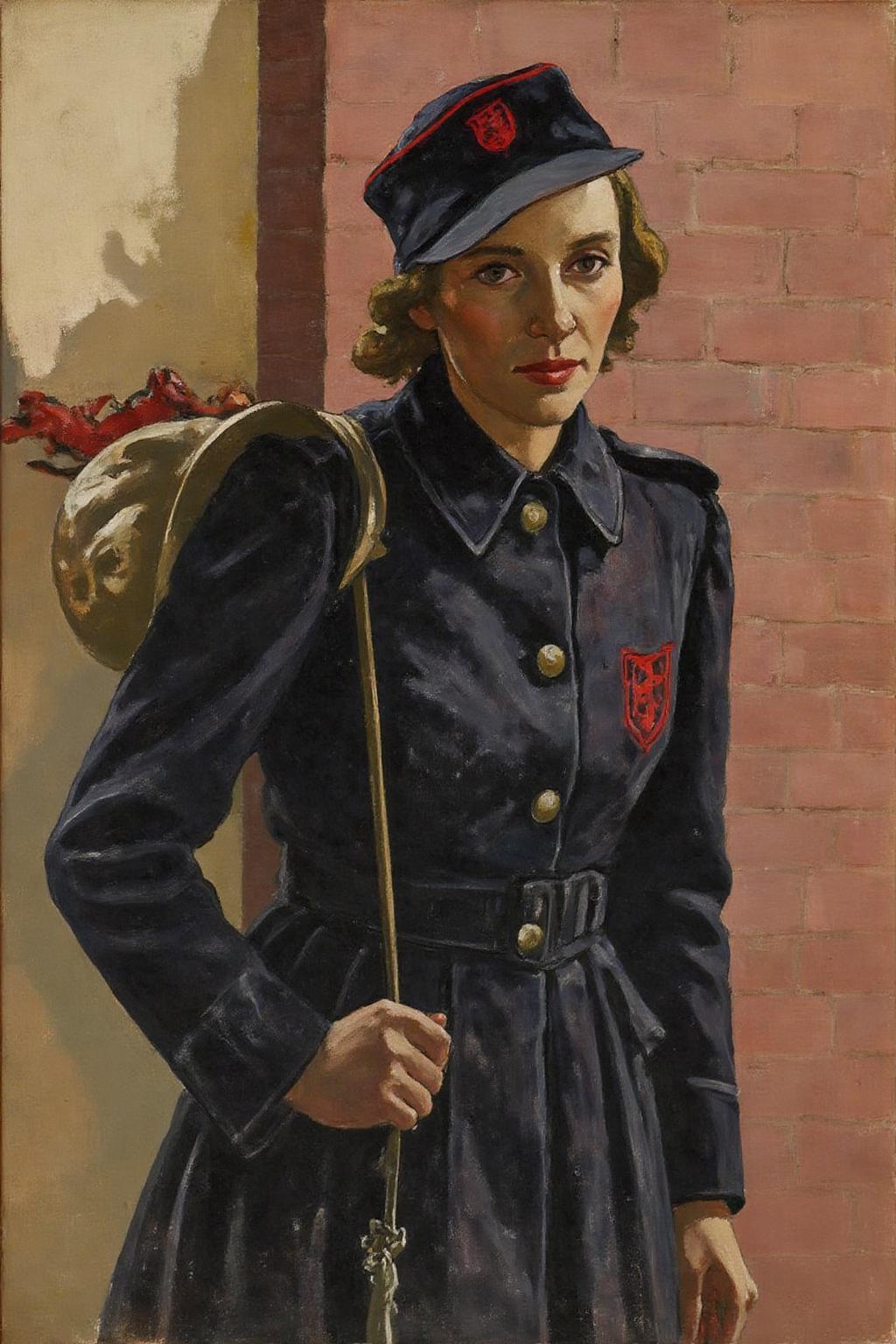 ethelleontinegabain1 painting.
A woman dressed in a dark uniform with a red emblem on the chest, standing against a brick wall. She is wearing a cap with a red emblem and carrying a helmet on her shoulder. The background consists of a textured brick wall with a partially visible door or opening. <lora:ethelleontinegabain1_cap_d8a4:1.0><lora:862146328388484274:0>