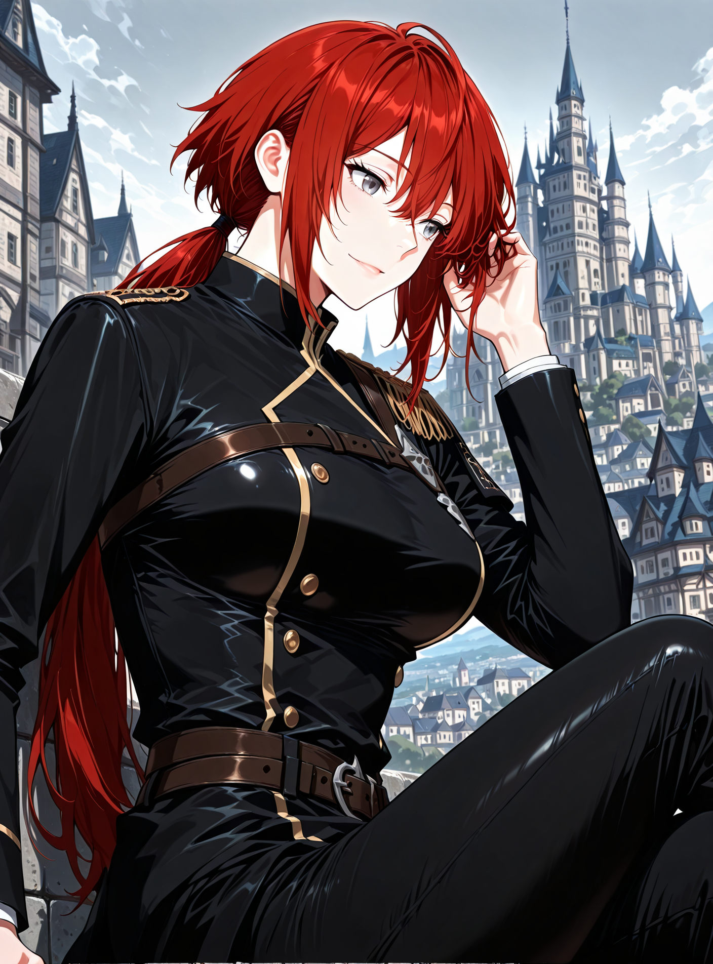 <lora:Claire_Bladeheart__The_Beginning_After_the_End__Illustrious:1>
1 girl, solo, grey eyes, red hair, ponytail, low ponytail, long hair, hair between eyes, bangs, black uniform, black jacket, black pants, epaulettes, long sleeves, belt, double-breasted,
score_9, score_8_up, score_7_up, very aesthetic, source_anime, detailed, high quality, beautiful, masterpiece, detailed eyes, castle, village, blurry background, cityscape, pose dynamic angle, light smile, open mouth, hand on hair, sitting,  <lora:iLLMythG0thicL1nes:1>