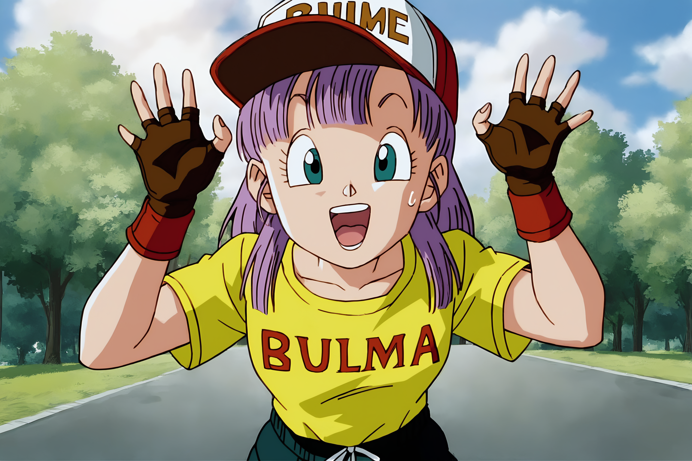 source_anime, score_9, score_8_up, score_7_up, anime screencap, absurd res,
bulma, path to power, teenage, shirt and joggers outfit, official style, 1girl, solo, looking at viewer, open mouth, bangs, blue eyes, english text, character name, hat, collarbone, purple hair, short sleeves, outdoors, sky, teeth, cloud, blunt bangs, fingerless gloves, tree, fingernails, cloudy sky, grass, nature, clothes writing, baseball cap, brown gloves, yellow shirt, rock, sweatpants, sunset, green bottomwear
 <lora:DB_Bulma_v2-000046:0.8>