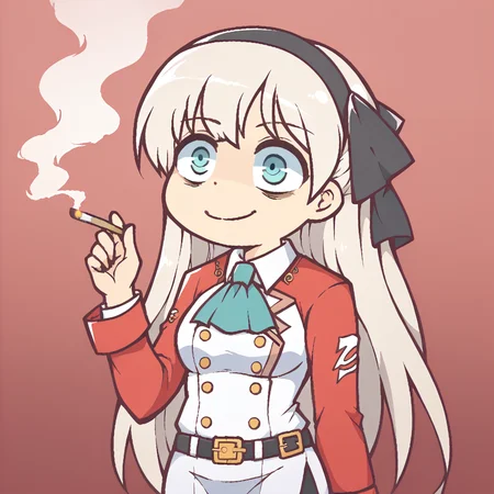 score_9, score_8_up,score_7_up,score_6_up,source_anime, chibi,  <lora:elie-pdxl-nvwls-v1:1> zeroElie, black hairband, hair ribbon, long hair, ascot, uniform, long red sleeves, white dress, pencil skirt, belt, black pantyhose, <lora:Ikiyouz-PonyXL-1024px:1> ,   <lora:sm0k1ngXL:0.6> sm0k1ng, smoking, holding lighter, droopy eyes, funny smile
