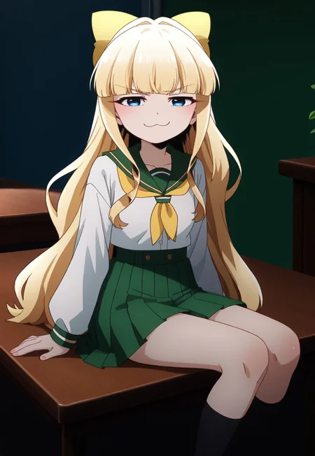 safe_pos, safe_pos, score_9, score_8_up, score_7_up, score_6_up, source_anime, petite, slender, tenkawa, blonde_hair, long_hair, blue_eyes, yellow_bow, long_sleeves,  white_shirt, yellow_neckerchief, green_skirt, pleated_skirt, black_socks, kneehigh_socks, sitting on table, smug, :3, feet, from bellow