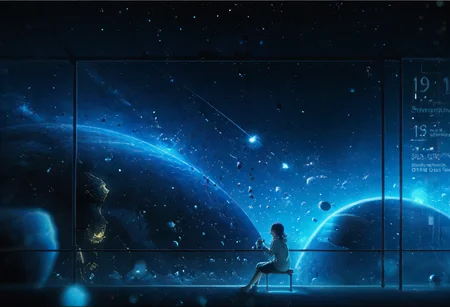 score_9, score_8_up, score_7_up, source_anime, 1girls, solo, space, galaxy, fixed stars, a lot of stars, (shooting star, light particles, ,:1.5), <lora:lonely_universe_ALPHA:0.7> lonely_universe, blue theme, sitting, on bench, holding coffee tumbler , closed eyes, (electronic bulletin board:1.5),