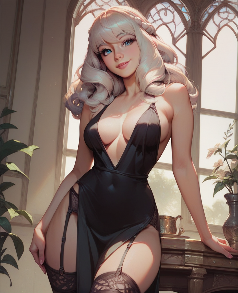 masterpiece, best quality, highly detailed, score_9, score_8_up, score_7_up, score_6_up,  OC_Roslyn, 1 girl, dominant, haughty look, horny smile,  detailed face, black dress, detailed eyes
 <lora:OC_-_Roslyn:1>,