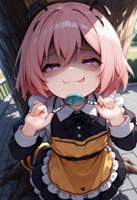 masterpiece, BEST QUALITY, solo, aged down,
short body, short hair, round face,
short limb,
looking up,
tilted head,
under tree,
shadows from tree canopy on her,
sunny day,
CivChan, purple eyes, pink hair, arranged maid outfit,
flat breasts, park, from above, shaded face, (smug:1.2), head tilt,
open eyes,
Bee girl mixture costume,
bee tail. bee wing,
yellow and black stripe apron
cpbt
folded elbow,
1 yellow oval crime prevention buzzer holding at her mouth,
pulling gesture,
(pinching strap of buzzer:1.5)
clenched teeth,
(1tongue out:0.6),
tongue below 
unholy-aesthetic
BREAK
2.5D REALISTIC
ABSURDRES
AMAZING QUALITY
BALANCED HISTGRAM on subject
CONTRAPPOSTO
LOW-KEY HISTGRAM ON BG
NEWEST
PERSPECTIVE
SOLO FOCUS
ULTRA DETAILED EYES, EYE HIGHLIGHTS
ULTRA DETAILED FACE
VERY AESTHETIC
very awa
(simple large speech bubble at corner of the top:1.4)
(asking buzz at speech bubble with black letter content is "buzz?":1.4)
handslora