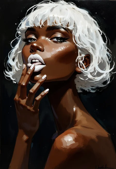 close-up oil painting portrait rendered in a loose, impressionistic style with thick, expressive brush strokes. It depicts a sexy african asian chick, white hair, dark chocolate skin, white lipstick, grey eyes, biting her lip, touching her neck with her hands, white fingernails, wet skin, the background is black, and he is covered in darkness.