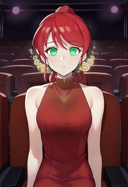 Pyhhra watching hypnotic movie,
score_9, source anime, lewd, 1girl, smooth,
mind control, hypnotized, hypnotic movie, wide eyes, empty eyes, blank eyes, no pupils,
movi3theater, sitting, red seats, dark room, female focus, upper body, side angle,
PyrrhaDanDres, red dress, shoes, sleeveless, solo, ponytail, green eyes,