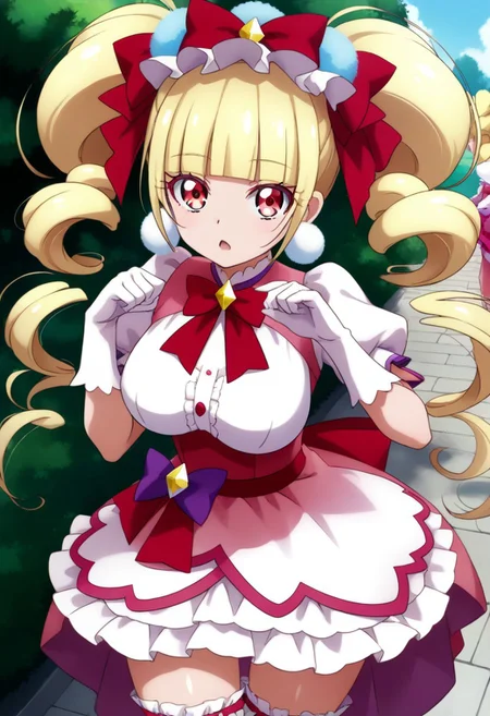 score_9, score_8_up, score_7_up, source_anime, (nsfw1.0), BREAK,
curemacherie, cute 1girl, (large breasts), skinny body, short stature, twintails,
pom pom earrings, pink ribbon, white gloves, frilled thighhighs, puffy sleeves, layered dress, porch, wrist bow, jewelry, white panty
shiny skin,
expressionless, small open mouth,
any pose, s-shaped pose, looking at viewer,
angle:random,
background:random,