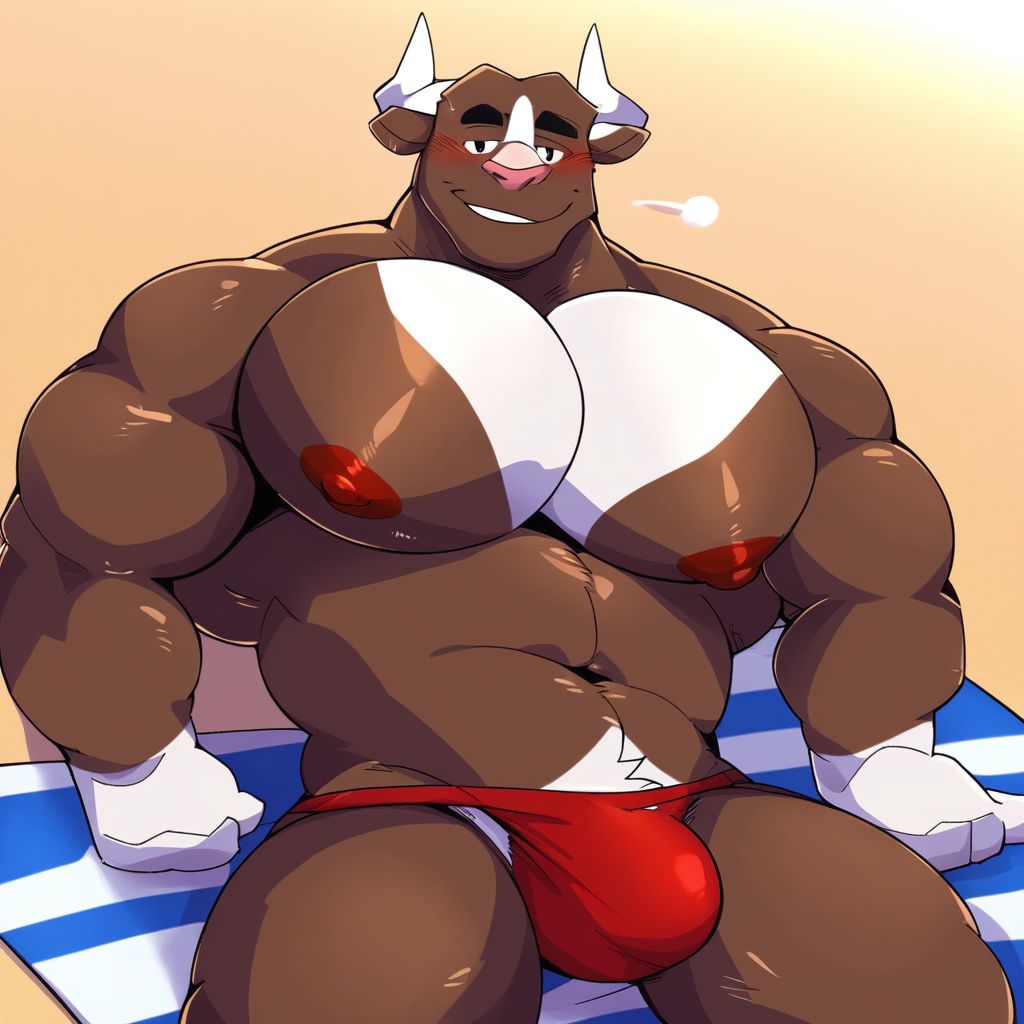 Muscular male, 1boy, solo, beach background, furry, bull, brown body, red speedo, large pectorals, large nipples, sitting down, white bull horns, smirking, sitting on beach towel, blushing