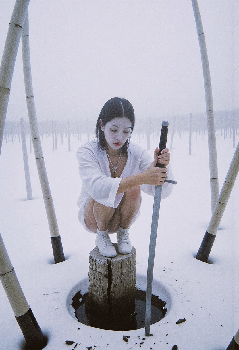 ibsukionsen, masterpiece, newest, absurdres, very awa, 1girl, crouching, action pose, holding sword, perched on bamboo stump, recursion, too many bamboo, white bamboo, intricate detail, iridescent, abstract background, bamboo forest, cut bamboo, flat composition, limited palette, pale white and blue, fisheye, perspective, depth, outdoors, binary, snow, frozen, frost, dutch angle, XUER guangying, r17329_illu, 4ki4k4ne_illu, ambient occlusion, neon-mist, 90s Tokyo erotica, garment made of plastic similar to a raincoat, jewelry. 90s, 90STOKYO, low light, grainy, visible noise, reflections