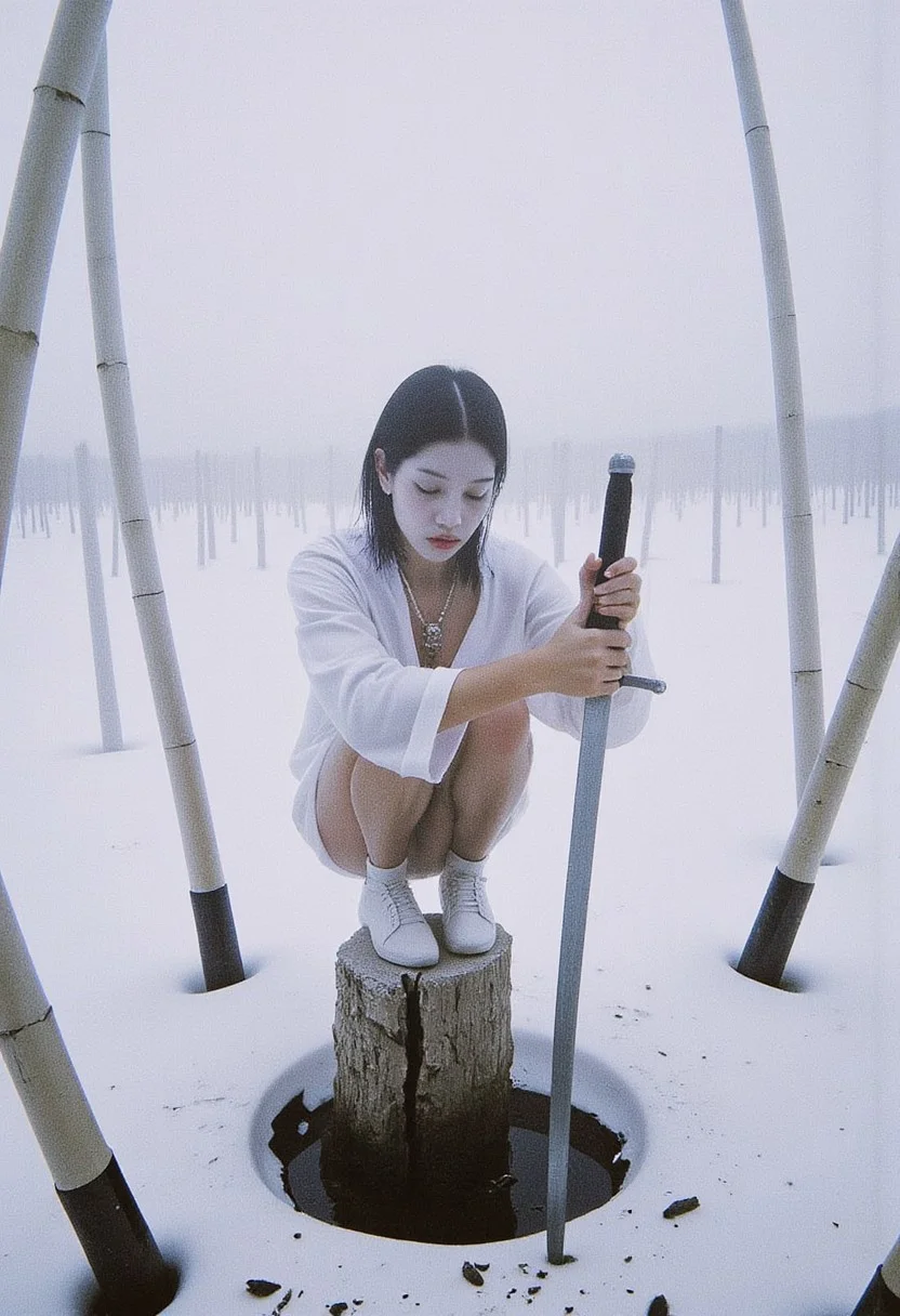 ibsukionsen, masterpiece, newest, absurdres, very awa, 1girl, crouching, action pose, holding sword, perched on bamboo stump, recursion, too many bamboo, white bamboo, intricate detail, iridescent, abstract background, bamboo forest, cut bamboo, flat composition, limited palette, pale white and blue, fisheye, perspective, depth, outdoors, binary, snow, frozen, frost, dutch angle, XUER guangying, r17329_illu, 4ki4k4ne_illu, ambient occlusion, neon-mist, 90s Tokyo erotica, garment made of plastic similar to a raincoat, jewelry. 90s, 90STOKYO, low light, grainy, visible noise, reflections