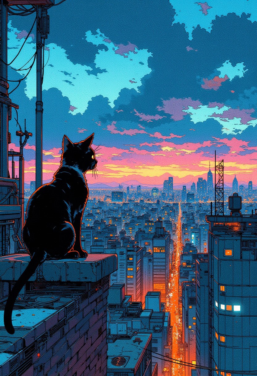 A breathtaking cityscape scene at night, viewed from a slightly elevated and behind-the-back perspective, as if standing directly behind the subject. black cat sits on a brick ledge, her posture is curious, as she gazes at the vibrant skyline ahead. stunning horizon.
The scene captures a sprawling modern city below, characterised by rows of tall buildings with glowing windows, antennas, and rooftop structures. The cold hues of the setting blue, cyan, pink and lemon blend seamlessly with the deepening blues of the dark night sky, while dramatic clouds scatter across the horizon, reflecting the fiery colors of the neon city.
The perspective gives the impression of standing just a few feet behind the subject, allowing the viewer to feel immersed in the moment. The art style is highly detailed, with a painterly quality that emphasizes the textures of the brick ledge, the realistic lighting, and the serene yet introspective mood of the scene. The overall atmosphere conveys a blend of tranquility, urban beauty
