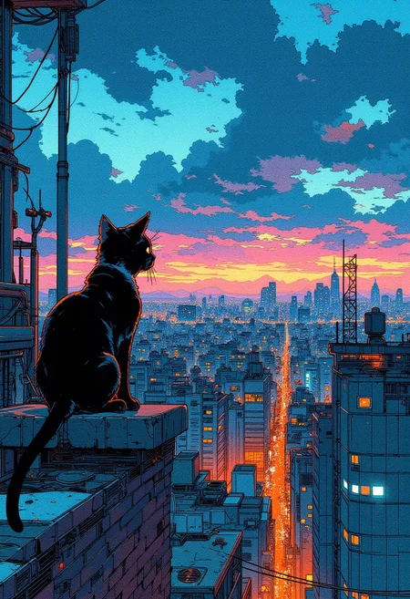 A breathtaking cityscape scene at night, viewed from a slightly elevated and behind-the-back perspective, as if standing directly behind the subject. black cat sits on a brick ledge, her posture is curious, as she gazes at the vibrant skyline ahead. stunning horizon.
The scene captures a sprawling modern city below, characterised by rows of tall buildings with glowing windows, antennas, and rooftop structures. The cold hues of the setting blue, cyan, pink and lemon blend seamlessly with the deepening blues of the dark night sky, while dramatic clouds scatter across the horizon, reflecting the fiery colors of the neon city.
The perspective gives the impression of standing just a few feet behind the subject, allowing the viewer to feel immersed in the moment. The art style is highly detailed, with a painterly quality that emphasizes the textures of the brick ledge, the realistic lighting, and the serene yet introspective mood of the scene. The overall atmosphere conveys a blend of tranquility, urban beauty