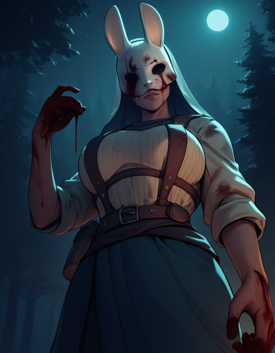 score_9, score_8_up, score_7_up,score_6_up, score_5_up, score_4_up ,
1girl, solo,
large breasts,
huntressdg, veil, mask,
low-key lighting, night, dark, forest,
 from below,  blood, blood on clothes, blood on hands, 
 <lora:Huntress DG PXL v01-000003:0.90>