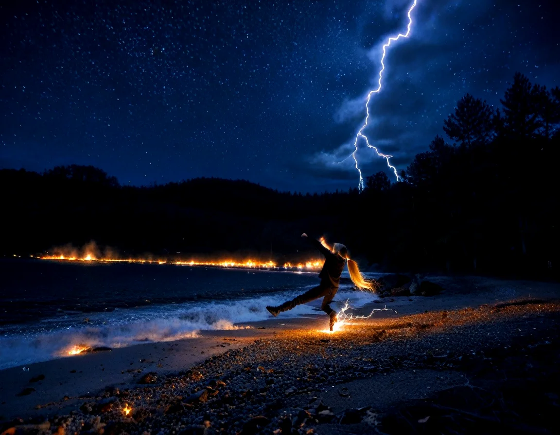 <lora:Starry_Scene:0.71> starryscene, outdoors, sky, night sky, star (sky), night time, midnight, noise offset, darkness, dark, night time, light particles, fire, black background, ((((real life, 1girl, solo, blonde, dynamic pose, ponytail embers)))), lightning, electricity