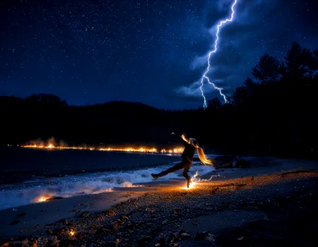 <lora:Starry_Scene:0.71> starryscene, outdoors, sky, night sky, star (sky), night time, midnight, noise offset, darkness, dark, night time, light particles, fire, black background, ((((real life, 1girl, solo, blonde, dynamic pose, ponytail embers)))), lightning, electricity